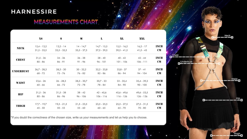 May include: A measurements chart for harnesses, with sizes from XS to XXL, in inches and centimeters. The chart includes measurements for neck, chest, underbust, waist, hip, and thigh. A person is wearing a harness.