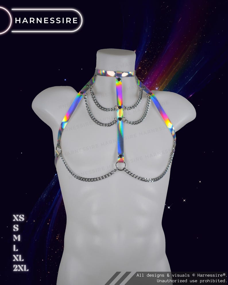 Genderless holographic harness displayed on a male mannequin with reflective rainbow tones and adjustable straps.