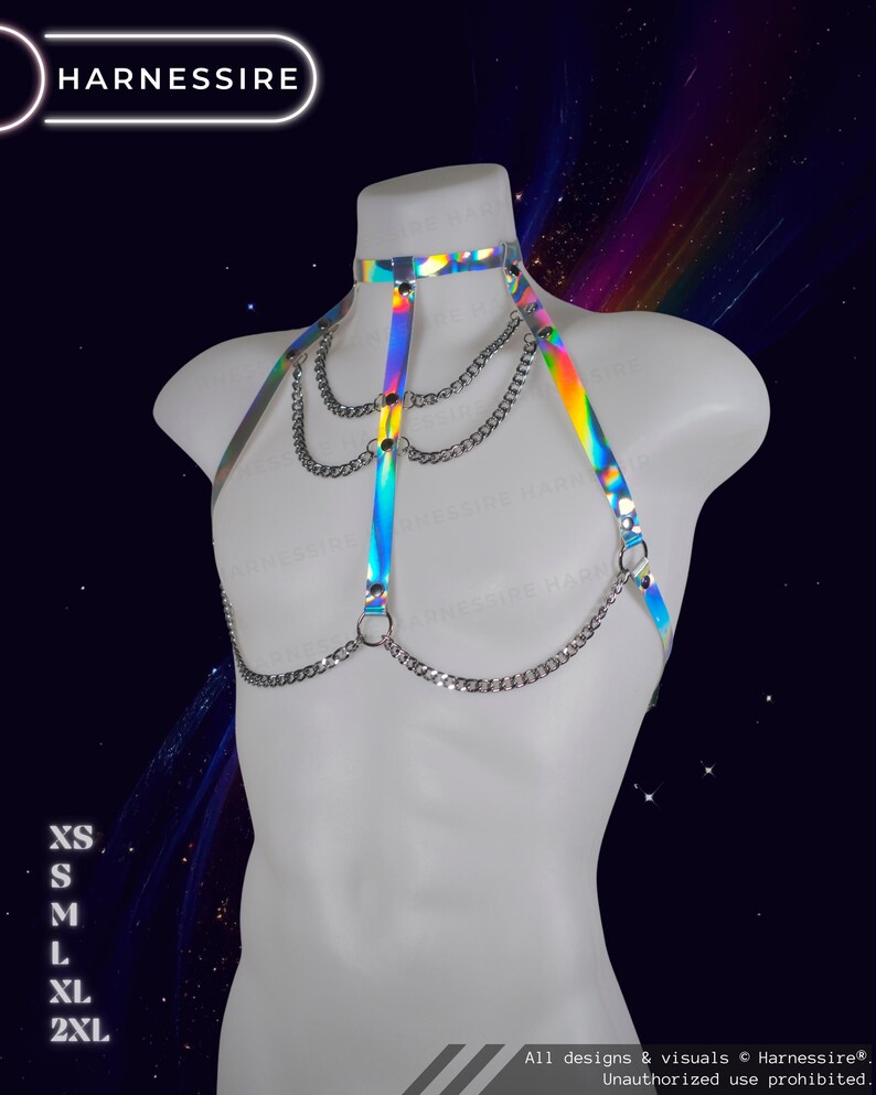 Genderless holographic harness displayed on a male mannequin with reflective rainbow tones and adjustable straps.