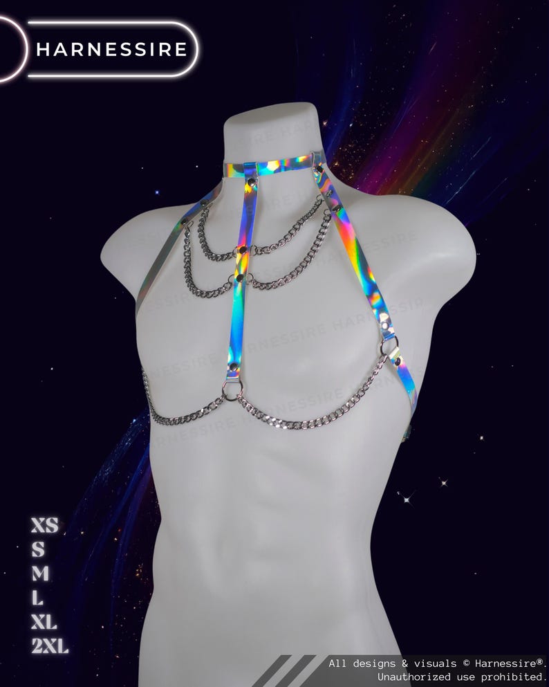Genderless holographic harness displayed on a male mannequin with reflective rainbow tones and adjustable straps.
