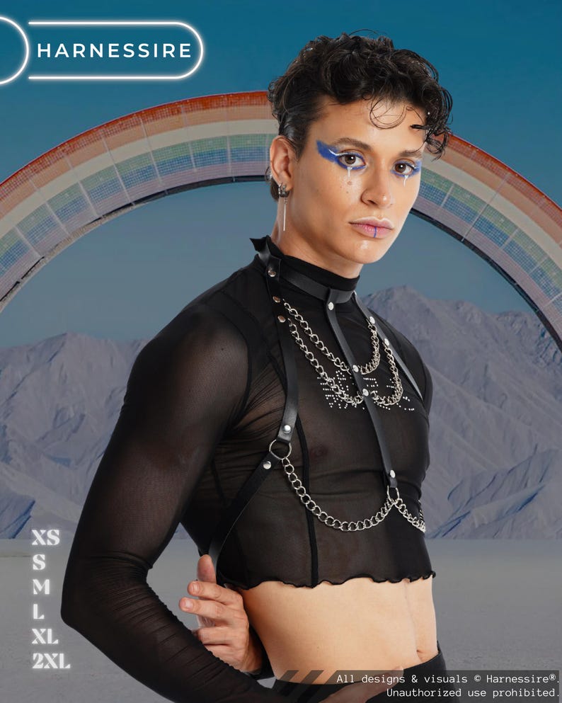May include: Black mesh long-sleeve top with a leather harness and silver chain detailing. The model is wearing blue eye makeup and a lip piercing. The background features a rainbow and the text "HARNESSIRE". Sizes XS to 2XL are listed.