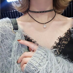 Black rivet punk pearl choker handmade necklace