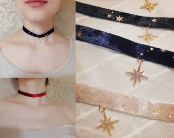 5 Colors Velvet choler Gold star pendant necklace vintage ribbon choker handmade necklace 18k gold plated star pendant choker women's collar
