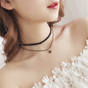 Black wave lace four-leaf clover choker handmade necklace