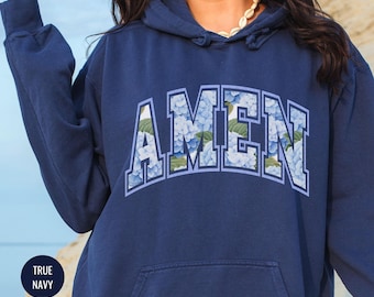 Hydrangea Letters Hoodie, Coastal Aesthetic, Amen Sweatshirt, Christian Comfort Color T-Shirt, Gift for Mom