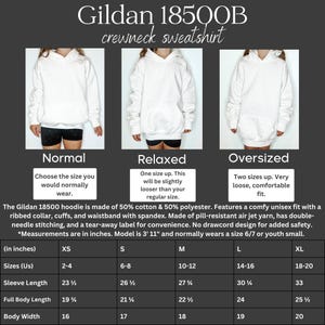 May include: A size chart for Gildan 18500B crewneck sweatshirts. The chart shows the measurements in inches for sizes XS, S, M, L, and XL. The chart includes measurements for sleeve length, full body length, and body width.