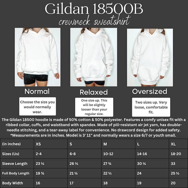 May include: A size chart for Gildan 18500B crewneck sweatshirts. The chart shows the measurements in inches for sizes XS, S, M, L, and XL. The chart includes measurements for sleeve length, full body length, and body width.