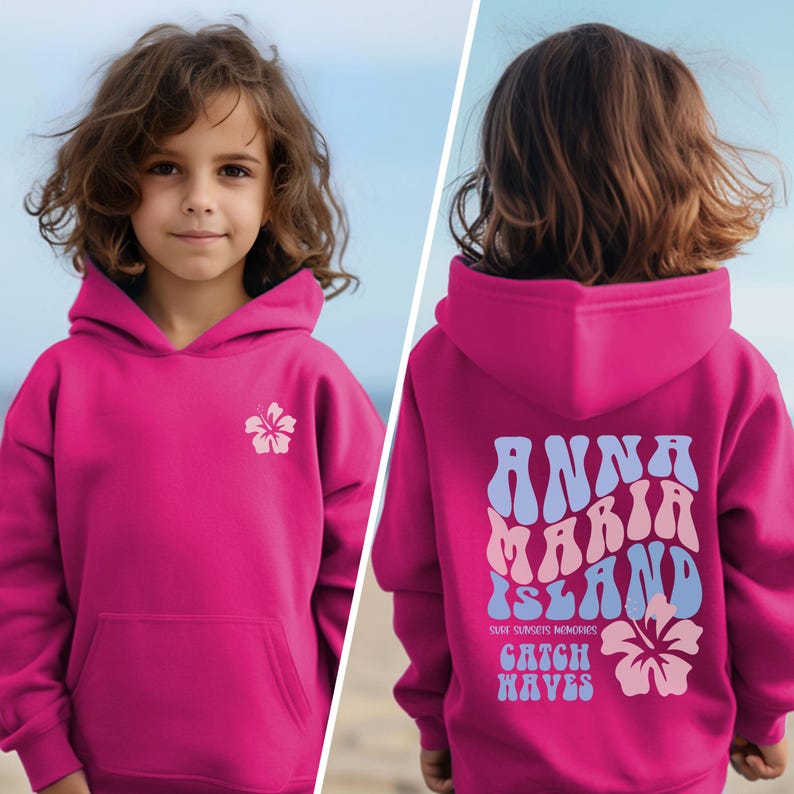 Youth Anna Maria Island Hoodie: Trendy Kids Vacation Sweatshirt Heliconia