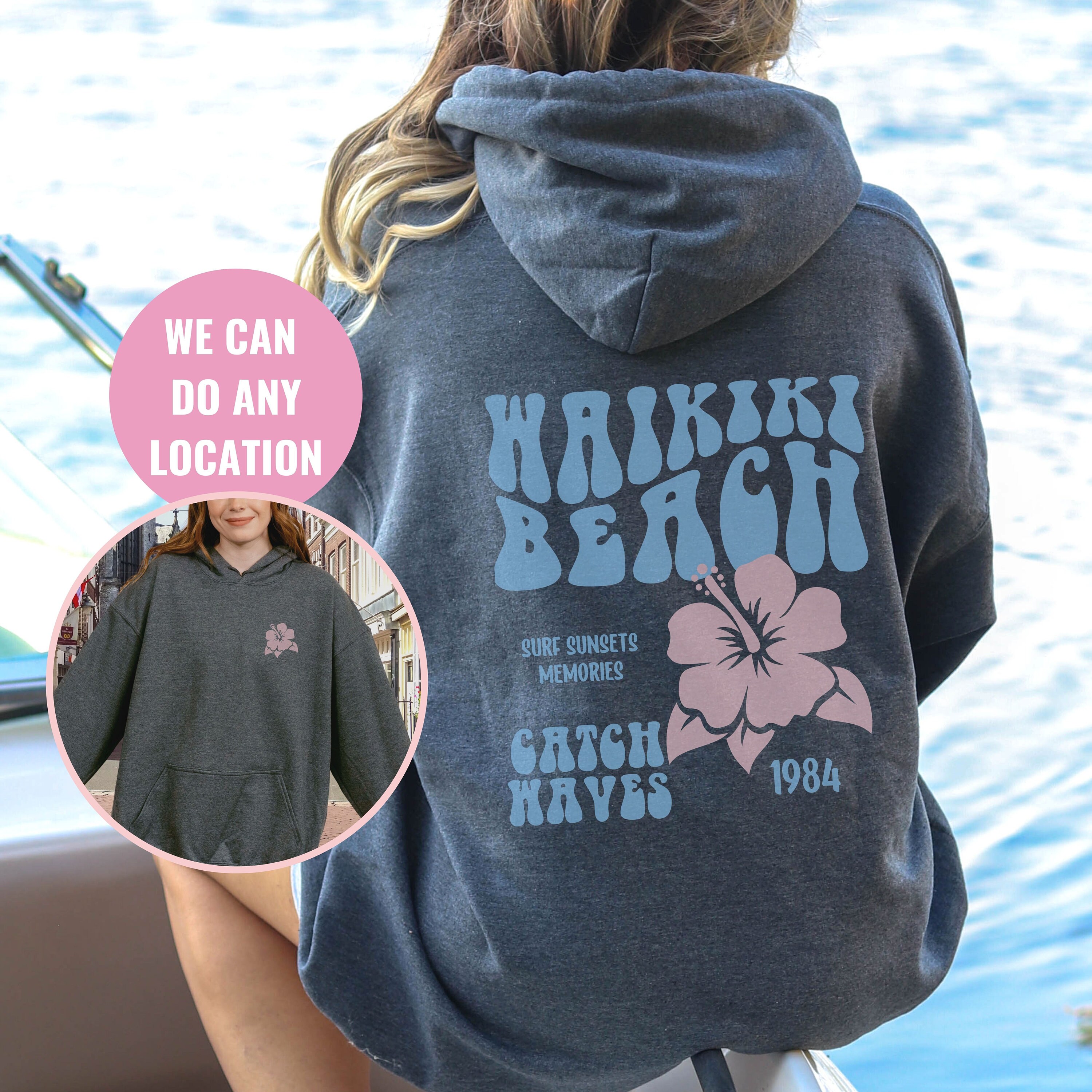 Sweat à Capuche Motif Surf Waikiki Beach - Design Polynésien, Coupe Classique, 241 G - Homme/Femme