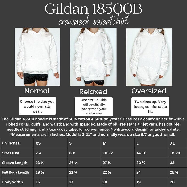 Może przedstawiać: Tabela rozmiar&oacute;w dla rozpinanych bluz z kapturem Gildan 18500B. Tabela pokazuje wymiary w calach dla rozmiar&oacute;w XS, S, M, L i XL. Tabela zawiera wymiary długości rękawa, całkowitej długości ciała i szerokości ciała.