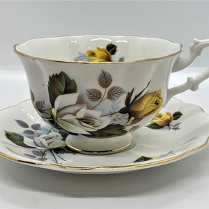 Vintage Royal Albert Yellow and White Roses Green Leaves Tea Cup and Saucer