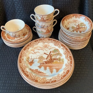 Ironstone Ware Dinnerware 27 pcs. Plates Cups Saucers Bowls WINDMILL and SAILBOAT with Acorn Border Japan