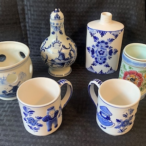 Lot of Delft Blue Holland Germany Coffee Mugs/Cups Cruet Decanter Candle Holder