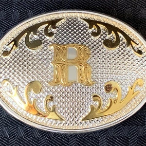 Silver with Raised Gold &quot;R&quot; and Scrolls Belt Buckle