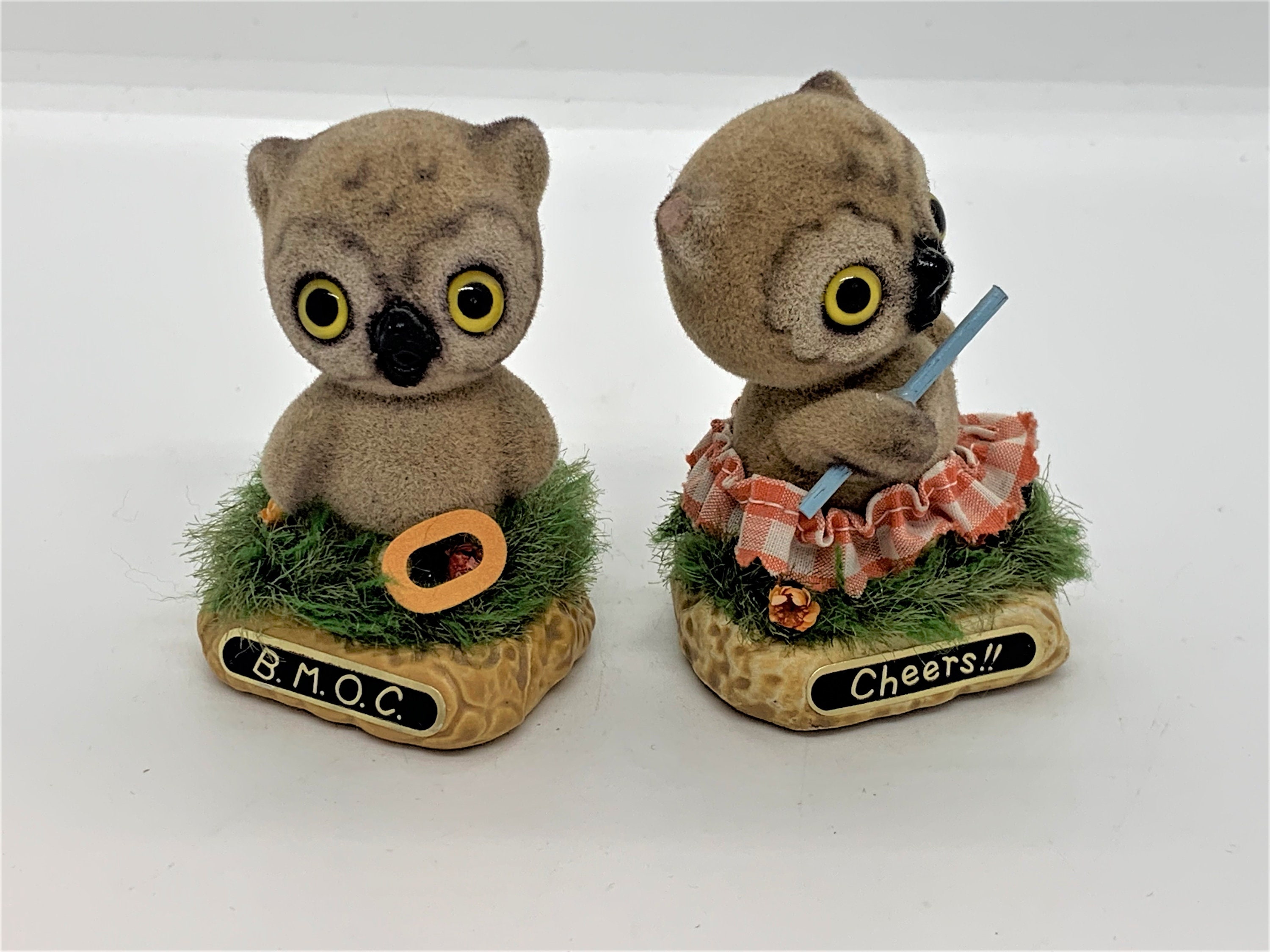 VINTAGE Josef Original Flocked Owl Figurines Set of 2 Adorable