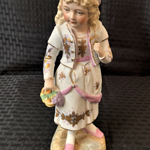 Antique Gebruder Heubach Germany Bisque Porcelain Figurine Girl with Basket