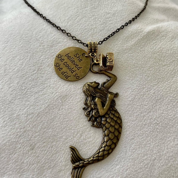 Mermaid Pendant ancient bronzed 20 inch necklace,  inspirational quote charm, She Believed She Could So She DiD, Bronze Treasure Chest