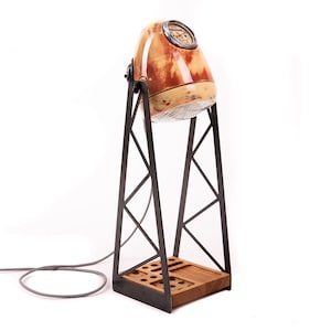 Retro lamp with an original motorcycle headlight on a metal base and a wooden table organizer in the base / Rare motorcycle table lamp