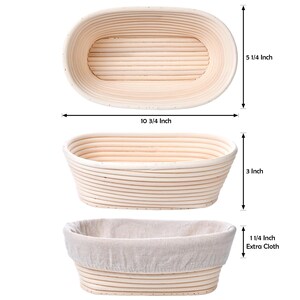 May include: A set of three oval-shaped bread proofing baskets made of natural woven rattan. The largest basket measures 10 3/4 inches wide and 5 1/4 inches tall. The middle basket measures 3 inches tall. The smallest basket has a linen liner and measures 1 1/4 inches tall.