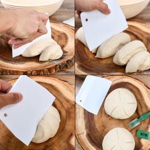 May include: Four images showing a white plastic dough scraper being used to shape dough on a wooden cutting board. The dough is in various stages of being shaped, from a round loaf to a long, thin loaf. The scraper is also shown being used to score the dough before baking.