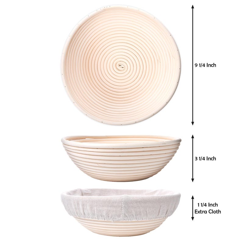 May include: A set of three round, woven, light brown bread proofing baskets. The largest basket is 9 1/4 inches in diameter, the middle basket is 3 1/4 inches tall, and the smallest basket is 1 1/4 inches tall and includes a white linen cloth.