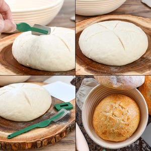 May include: A close-up of a loaf of bread being scored with a green scoring tool. The bread is in a round, white proofing basket. The bread is on a wooden surface.