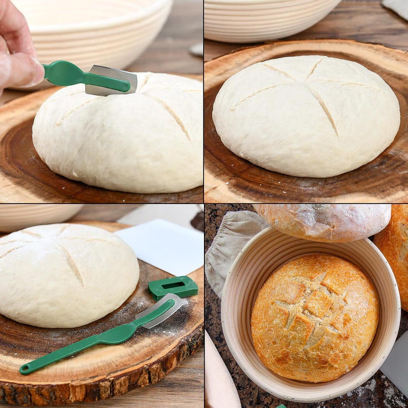 May include: A close-up of a loaf of bread being scored with a green scoring tool. The bread is in a round, white proofing basket. The bread is on a wooden surface.