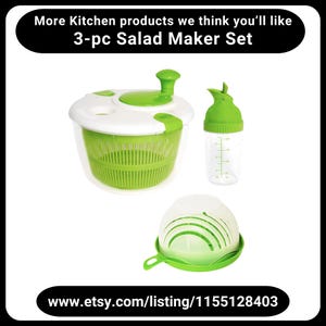 May include: A 3-piece salad maker set with a green and white salad spinner, a green and clear salad dressing shaker, and a green and clear salad chopper. The set is made of plastic.