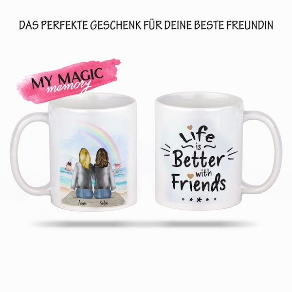 Freundinnen am Strand Mit Regenbogen | Perfekte und Personalisierte Tasse für Sie und Ihre Freundinnen