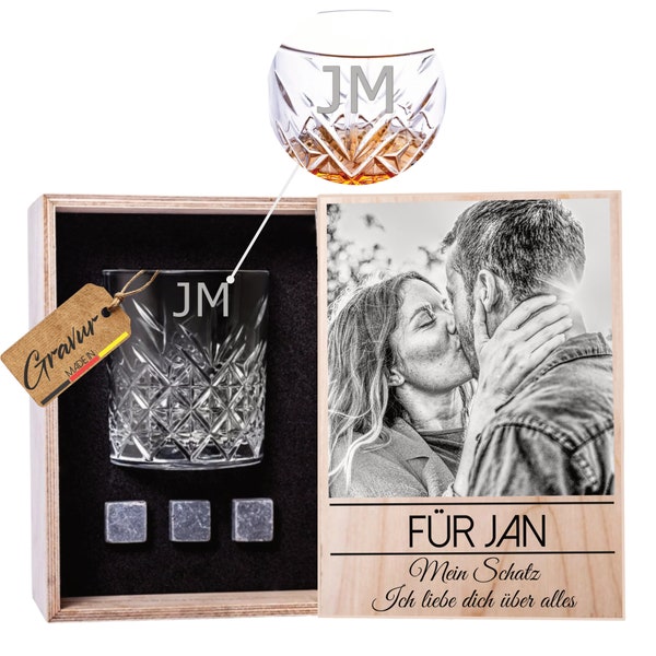 Personalisierbare Whiskey Box mit Foto - Whiskey Glas mit Gravur & Holz Geschenkbox - 3 Whisky Steine - Geschenkset