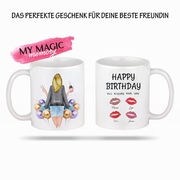 Freundin Geburtstag kuss wünscht Memory Tasse | Personalisiertes Geschenk für eine Frau an ihrem Geburtstag von einer Gruppe von Menschen