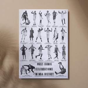May include: Black and white poster featuring illustrations of NBA players in action, showcasing iconic celebrations. The text reads "Most Iconic Celebrations in NBA History". The poster includes names of players and their celebrations.