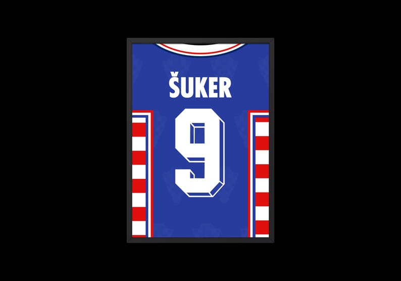 May include: A blue soccer jersey with white and red stripes on the sides. The jersey has the name "&Scaron;UKER" and the number "9" printed on the front.
