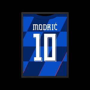 May include: A blue soccer jersey with a white checkered pattern and the name "MODRIĆ" and number "10" in white.