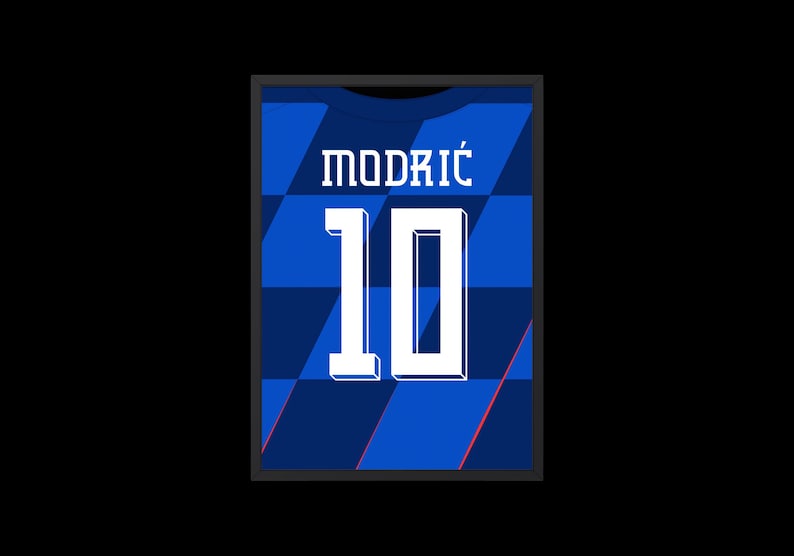 May include: A blue soccer jersey with a white checkered pattern and the name "MODRIĆ" and number "10" in white.