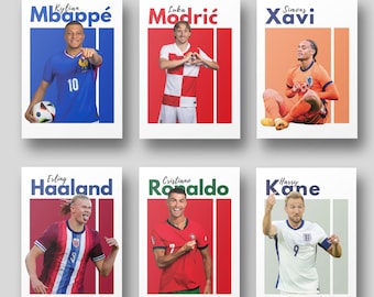 Euro 2024 Footballer Poster Set: Mbappe, Ronaldo, Haaland, Xavi, Modric, Kane (png, digital download)