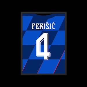 May include: A blue soccer jersey with a white checkered pattern and the name "PERISIC" and the number "4" in white.