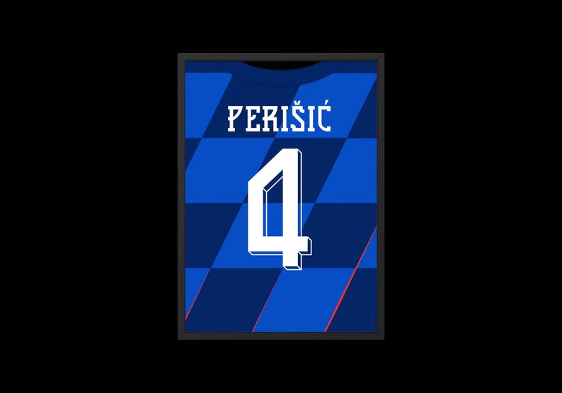 May include: A blue soccer jersey with a white checkered pattern and the name "PERISIC" and the number "4" in white.