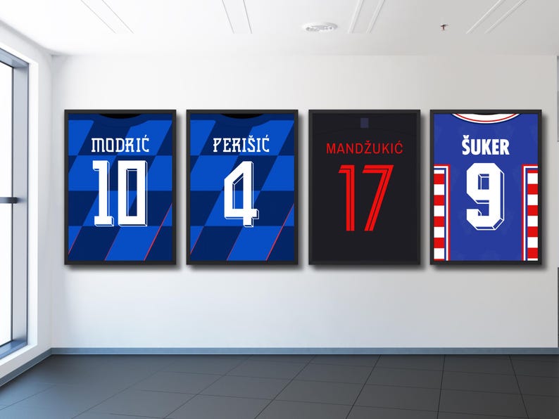 May include: Four framed prints of Croatian soccer jerseys with the names and numbers of famous players: Modric 10, Perisic 4, Mandzukic 17, and Suker 9.