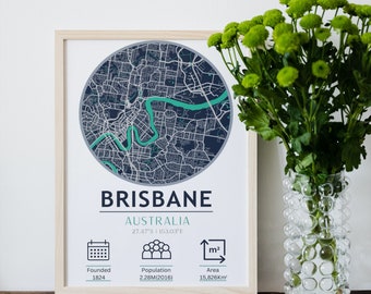 Brisbane Australia Map Art Print: Retro City Travel Poster (Digital Download)