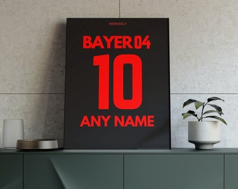 Póster de la camiseta del Bayer Leverkusen: Arte mural de fútbol con nombre y número personalizados (descarga digital)