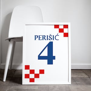 Puede incluir: P&oacute;ster enmarcado blanco con un n&uacute;mero 4 azul y el texto "PERI&Scaron;IĆ" en azul. El p&oacute;ster tiene un patr&oacute;n de cuadros rojos y blancos en las esquinas.