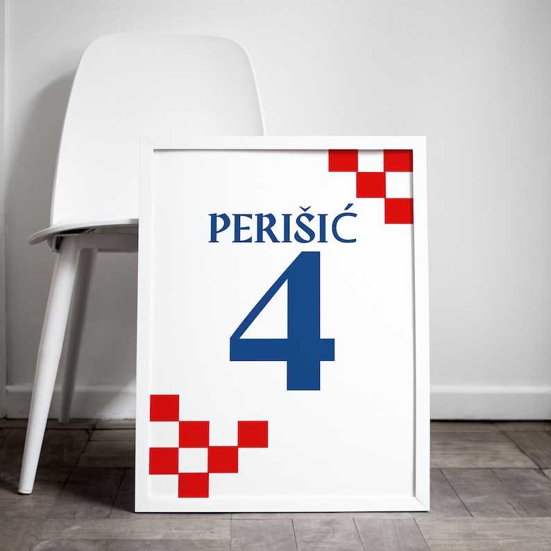 Puede incluir: P&oacute;ster enmarcado blanco con un n&uacute;mero 4 azul y el texto "PERI&Scaron;IĆ" en azul. El p&oacute;ster tiene un patr&oacute;n de cuadros rojos y blancos en las esquinas.