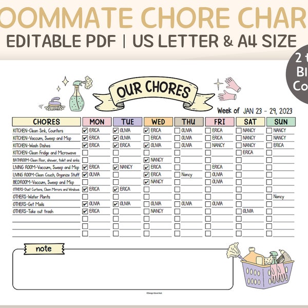 Roommate Chore Chart, Editable, Couples, Family, Teen, College Chore List Form, Cute Design, Daily Cleaning Plan Printable PDF