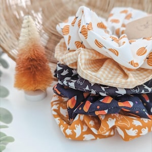 Halloween print hair scrunchies, pumpkin scrunchie, hair accessories, Halloween accessories, ghost print, candy corn print, spooky season