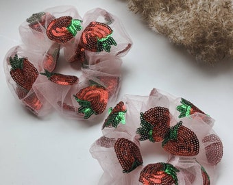 Chouchou rose fraise à sequins, tulle fraise, accessoires cheveux, robe fraise