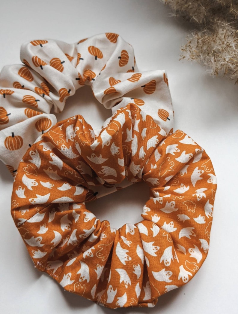 Halloween print hair scrunchies, pumpkin scrunchie, hair accessories, Halloween accessories, ghost print, candy corn print image 2