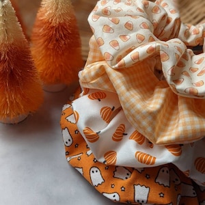 Halloween print hair scrunchies, pumpkin scrunchie, hair accessories, Halloween accessories, ghost print, candy corn print image 1