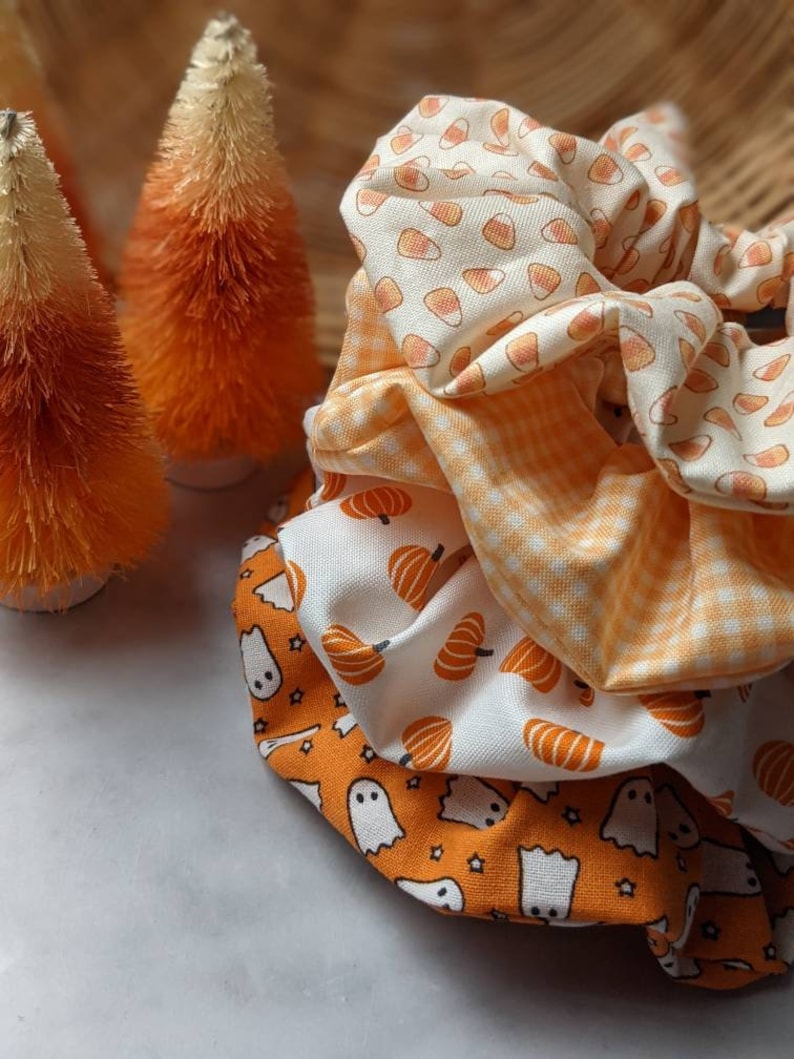 Halloween print hair scrunchies, pumpkin scrunchie, hair accessories, Halloween accessories, ghost print, candy corn print image 1