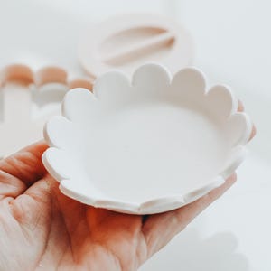 Puede incluir: Un pequeño plato circular de color blanco roto con un borde festoneado en forma de pétalos de flor. El plato tiene un acabado mate liso y una base poco profunda. Al fondo, se ve un molde circular de color melocotón claro con un divisor.